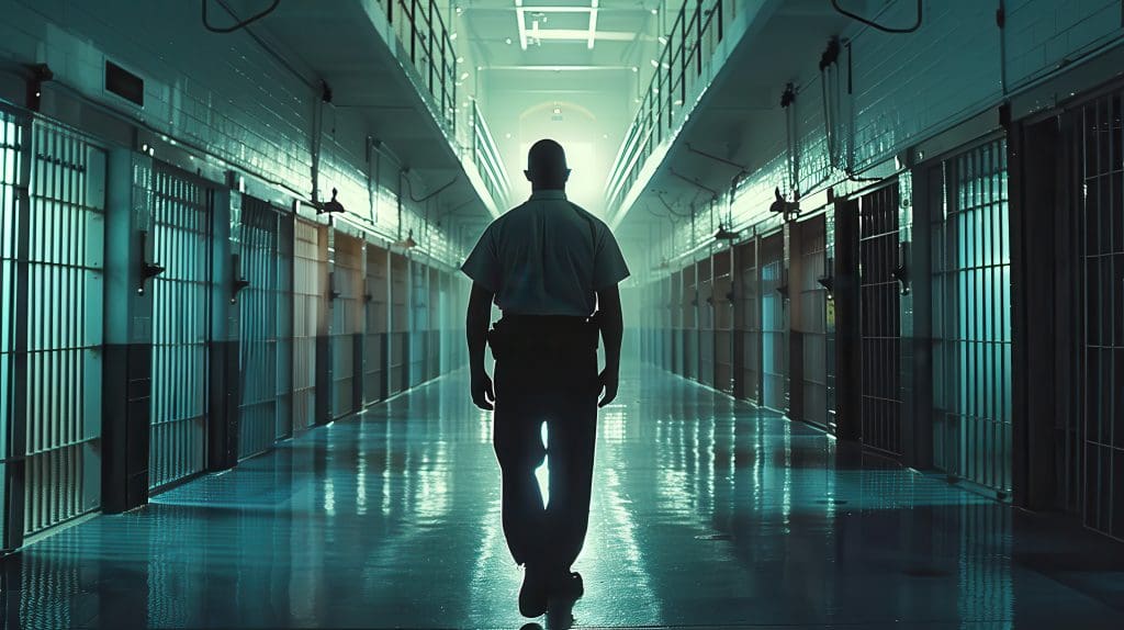 A prison guard walking down a dimly lit cellblock corridor.